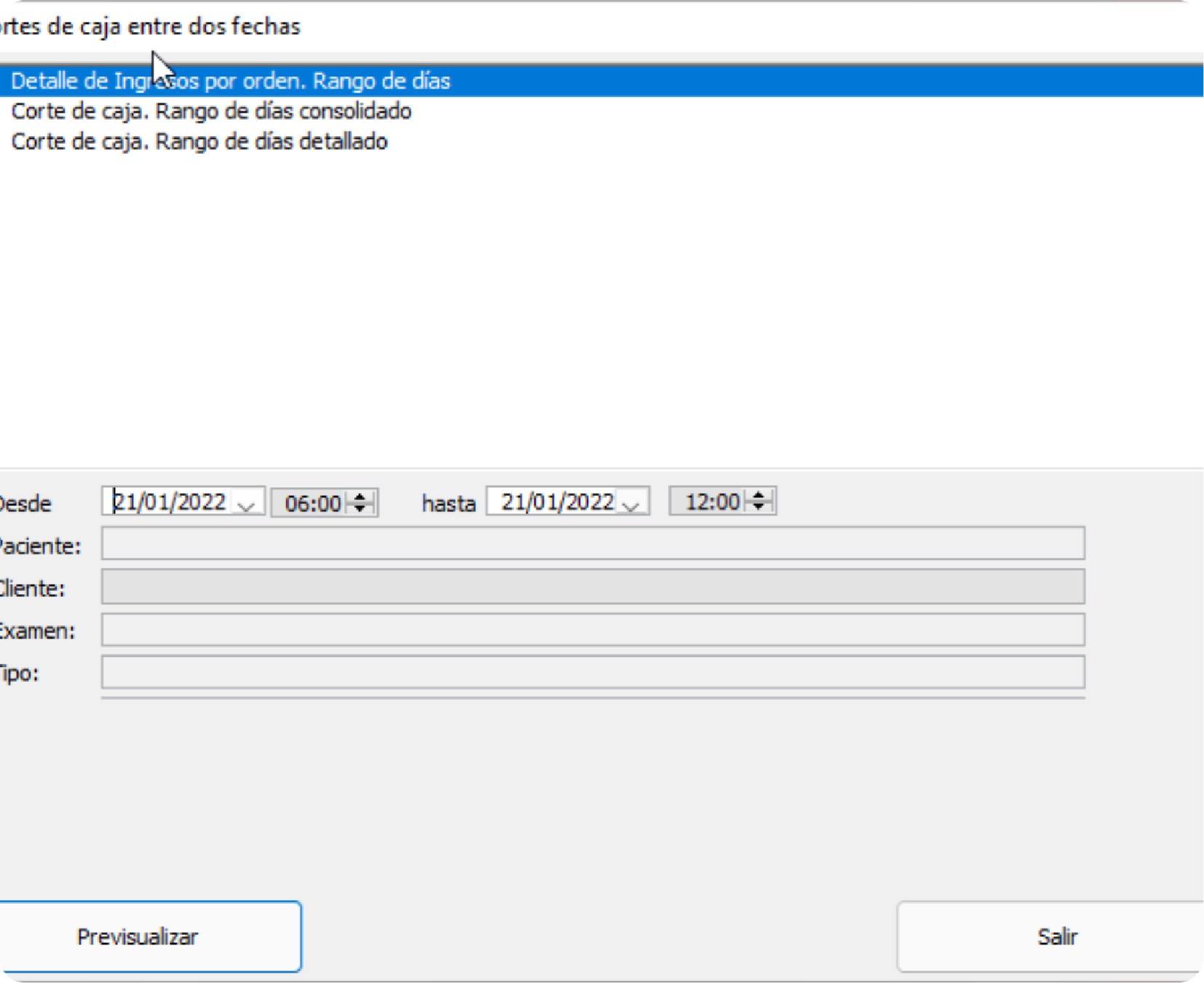 Corte de caja entre dos fechas (área superior)
