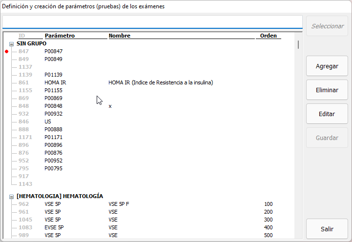 <p>Definición y creación de parámetros (pruebas) de los exámenes</p>